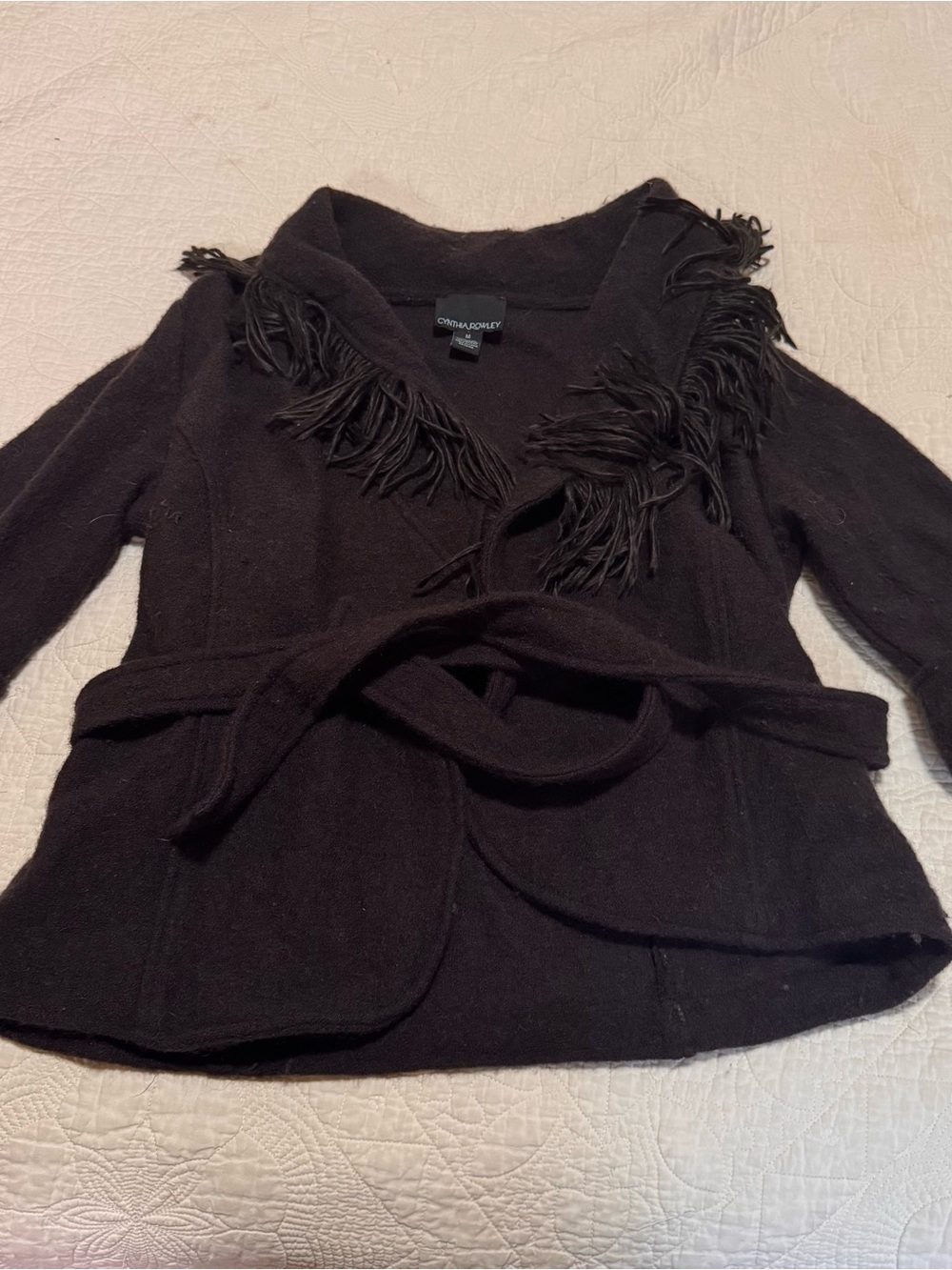 Cynthia Rowley Brown Wool  Fringe-Belted Cardigan